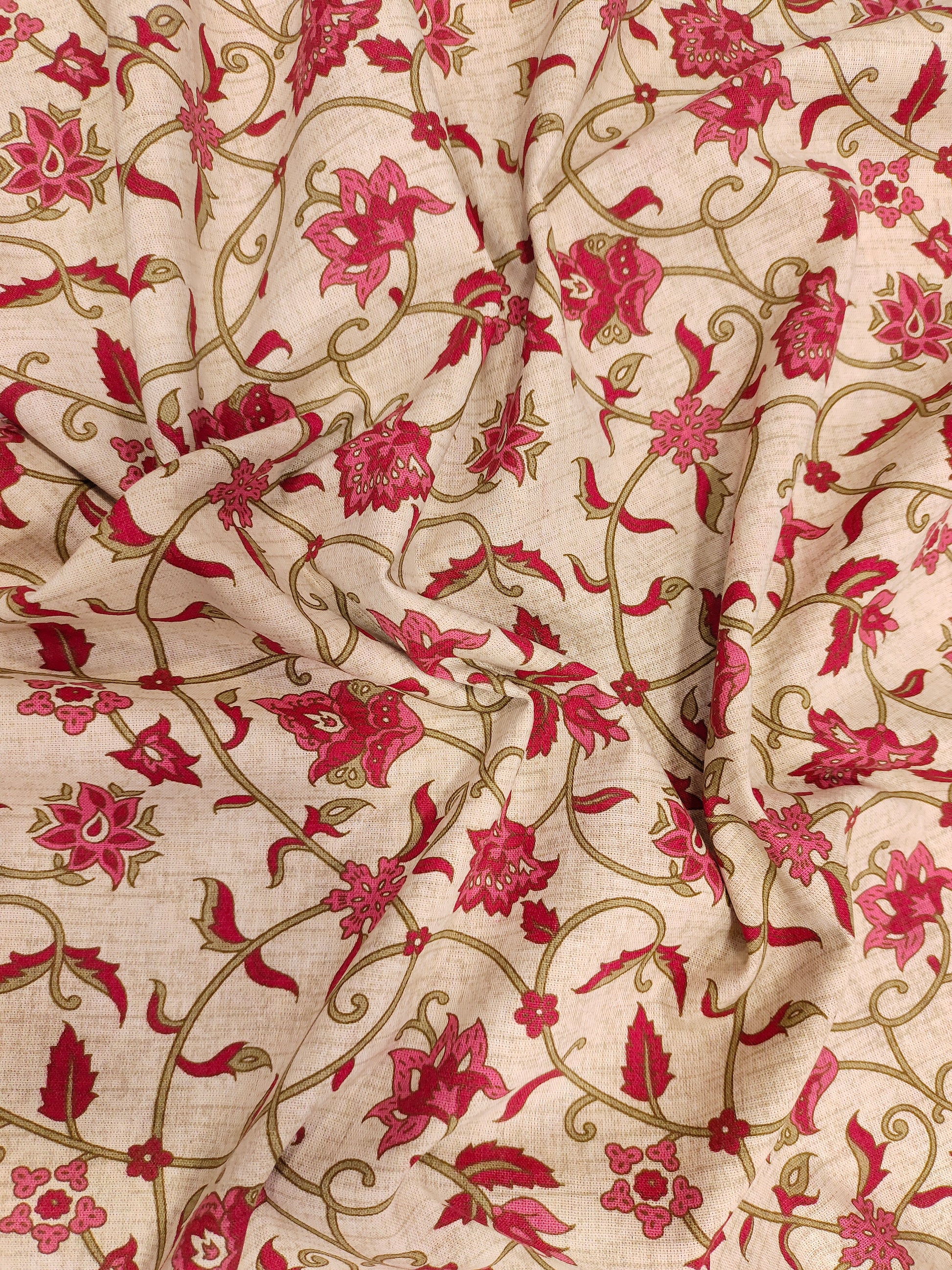 Beige flex cotton fabric jaal print with 2 shades of maroon and green.