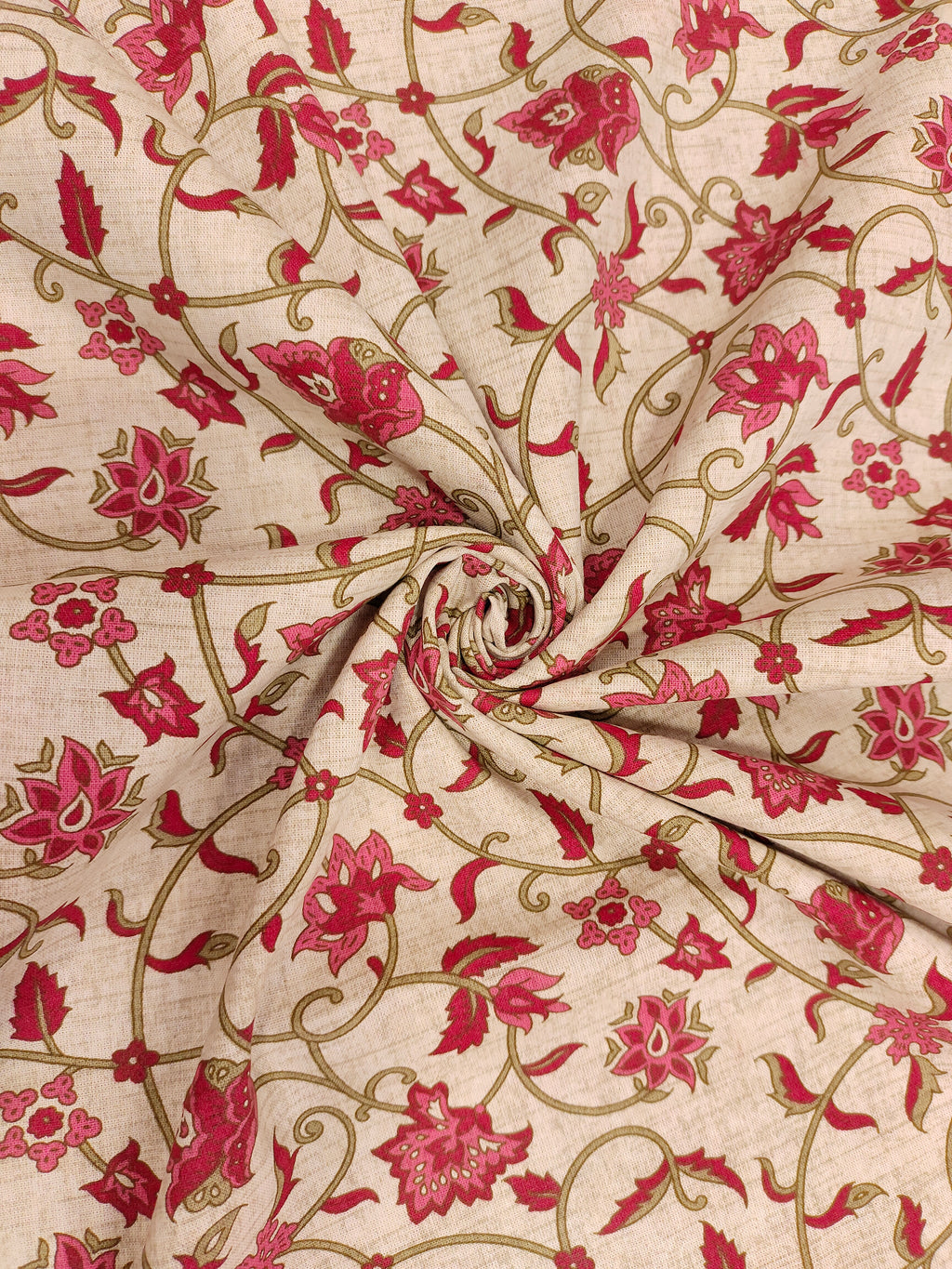 Beige flex cotton fabric jaal print with 2 shades of maroon and green.