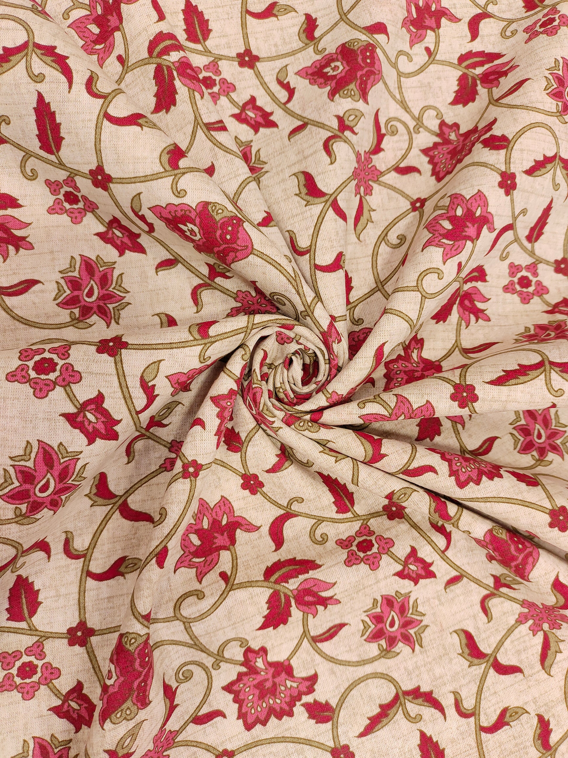 Beige flex cotton fabric jaal print with 2 shades of maroon and green.