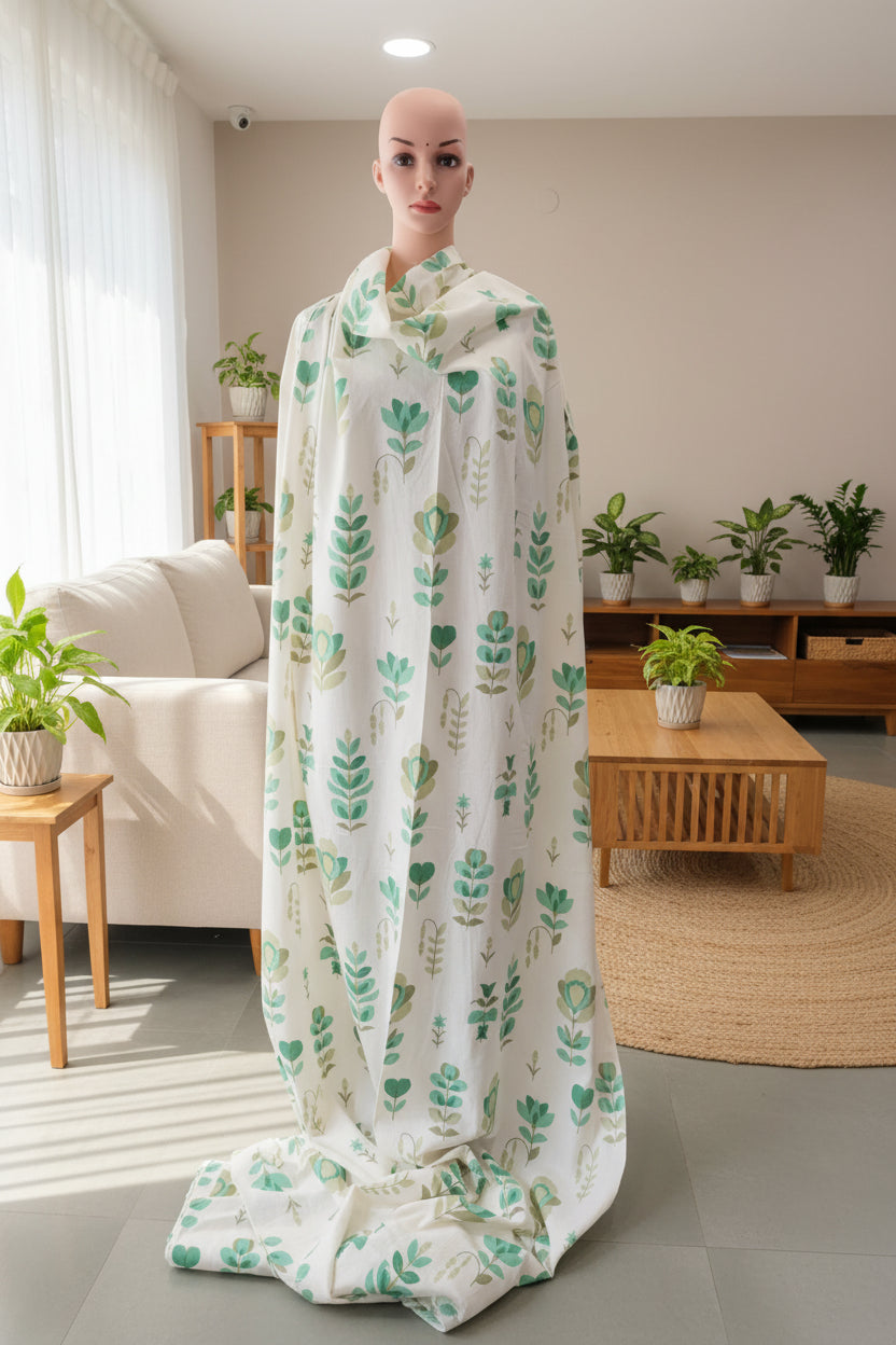 Cream cotton flex big floral print wit 2 colors of green.