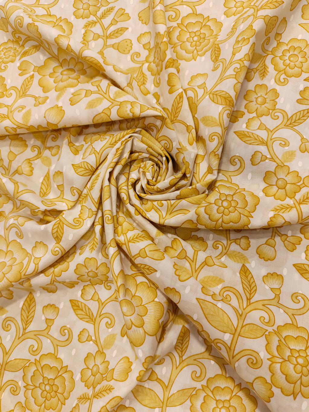 Off white cotton fabric print with yellow jaal.