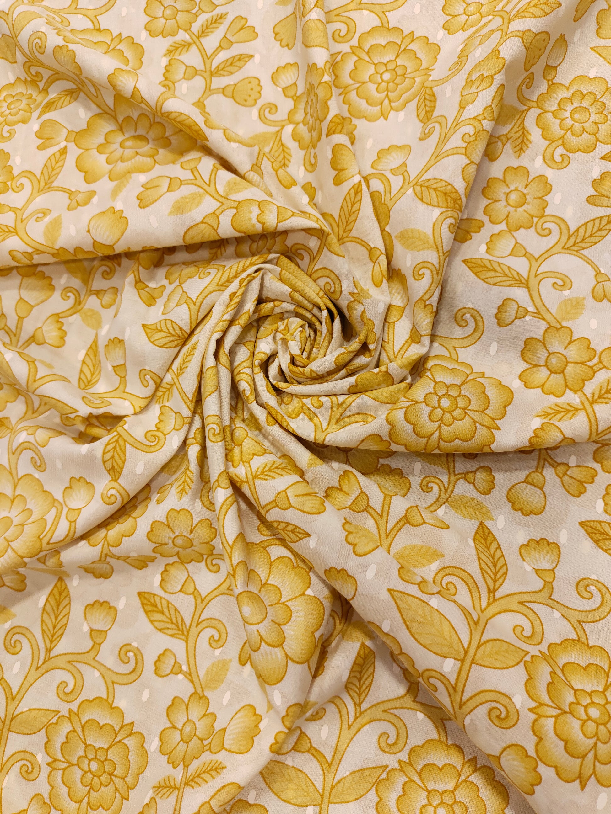 Off white cotton fabric print with yellow jaal.