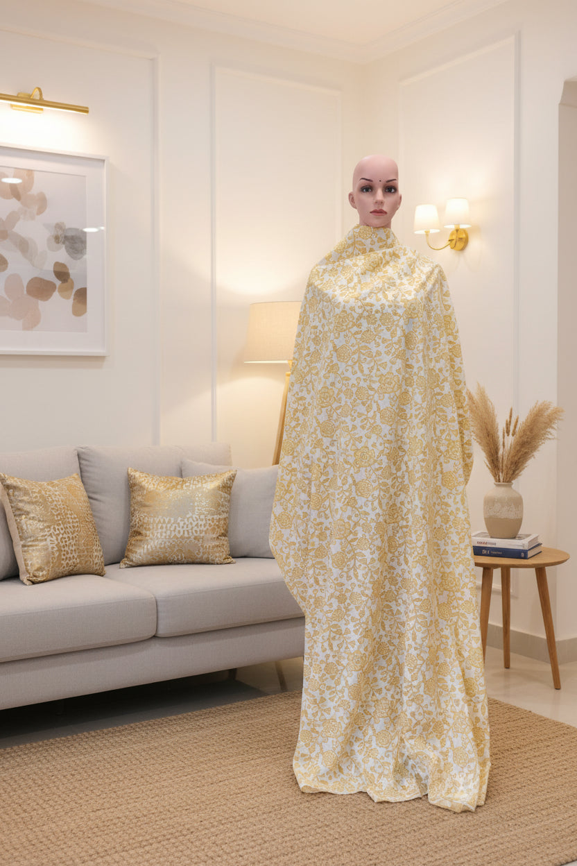 Off white cotton fabric print with yellow jaal.