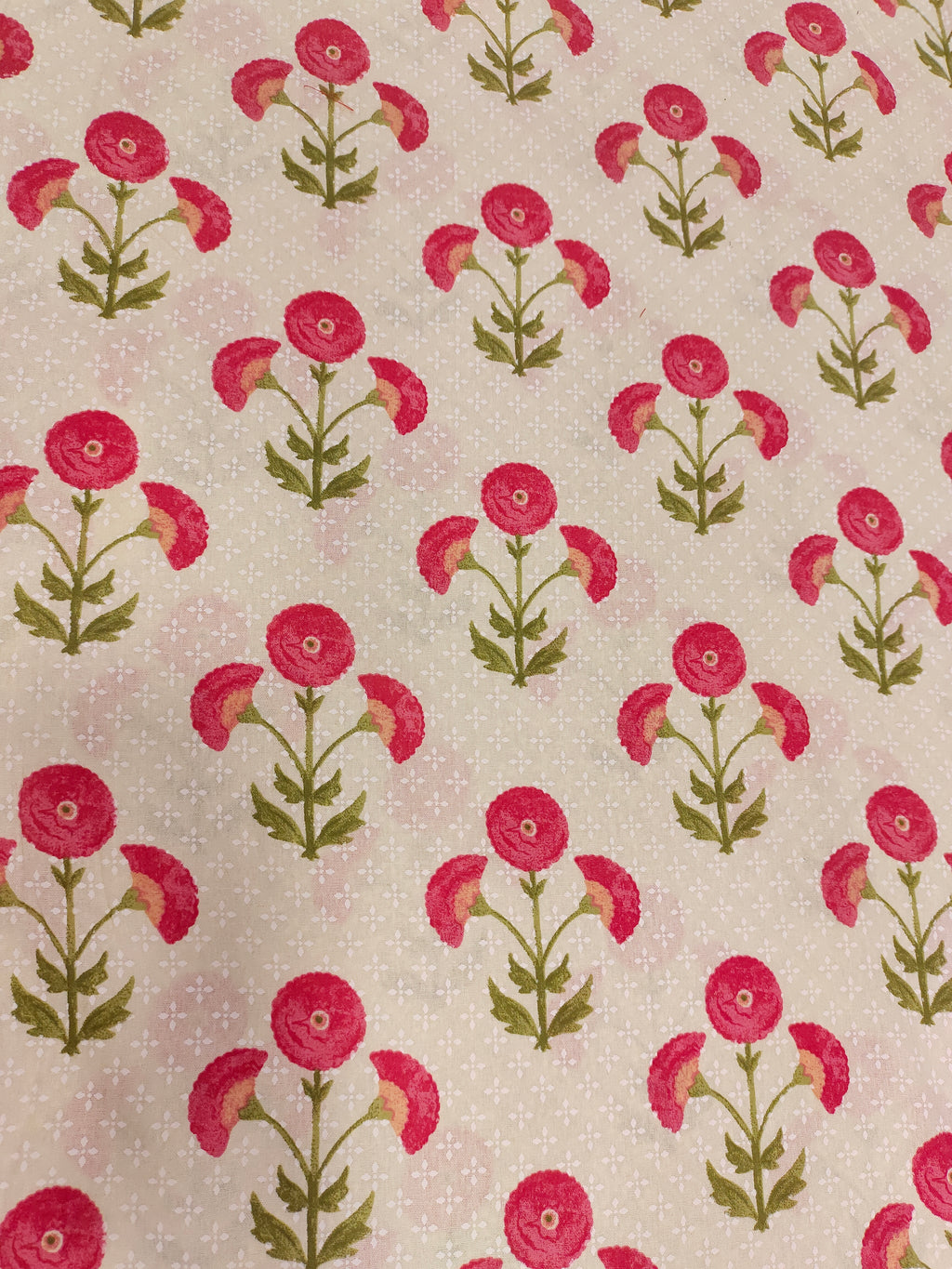 Cream cotton flex fabric with pink and green floral print.