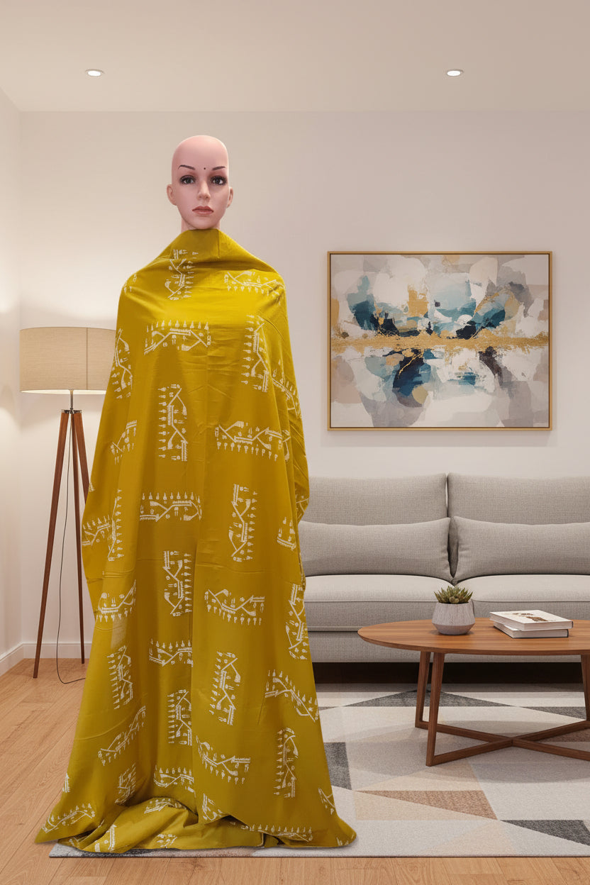Mustard color cotton fabric with jamdani print in white.