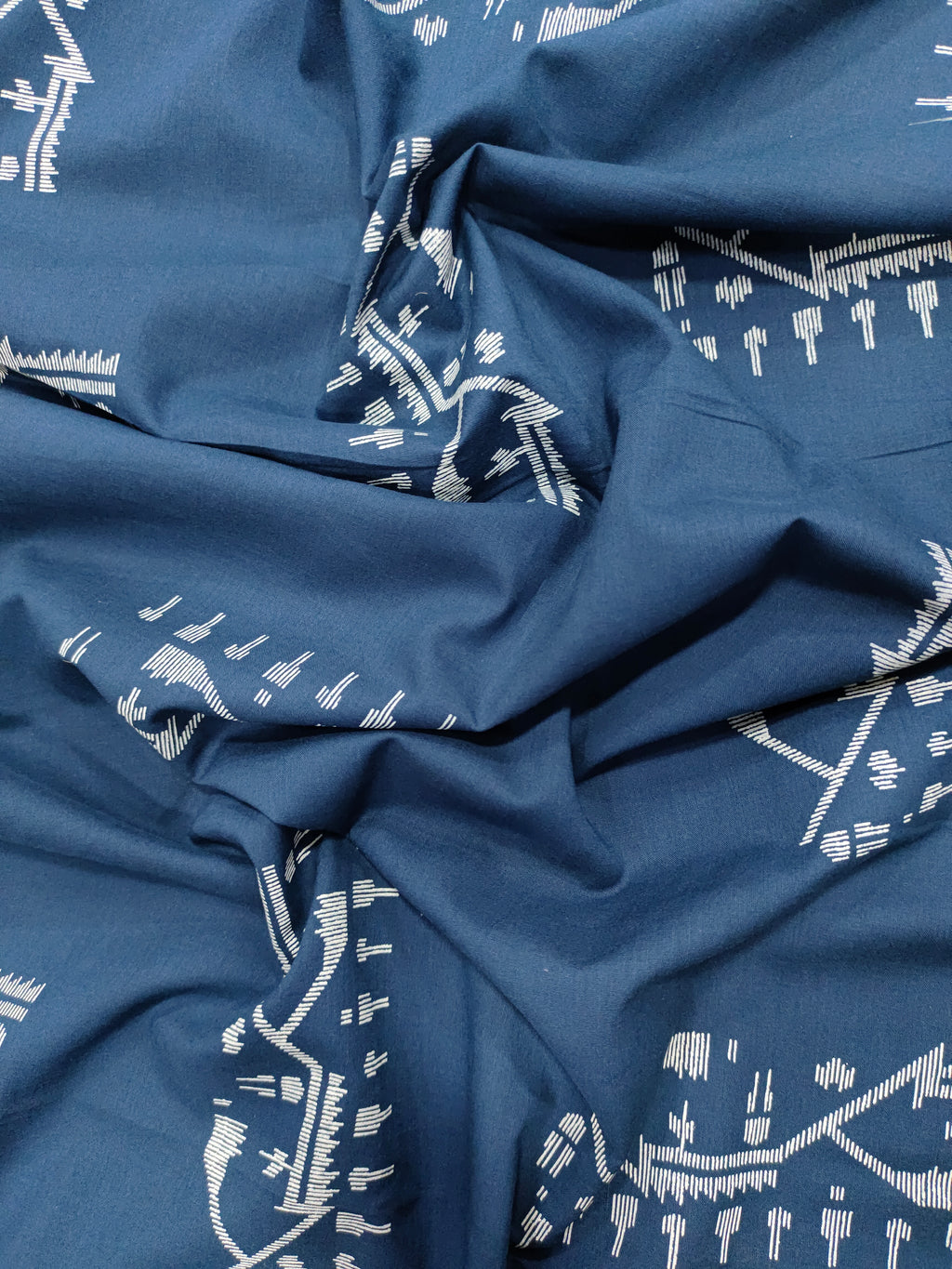 Navy blue cotton fabric with jamdani type print with white
