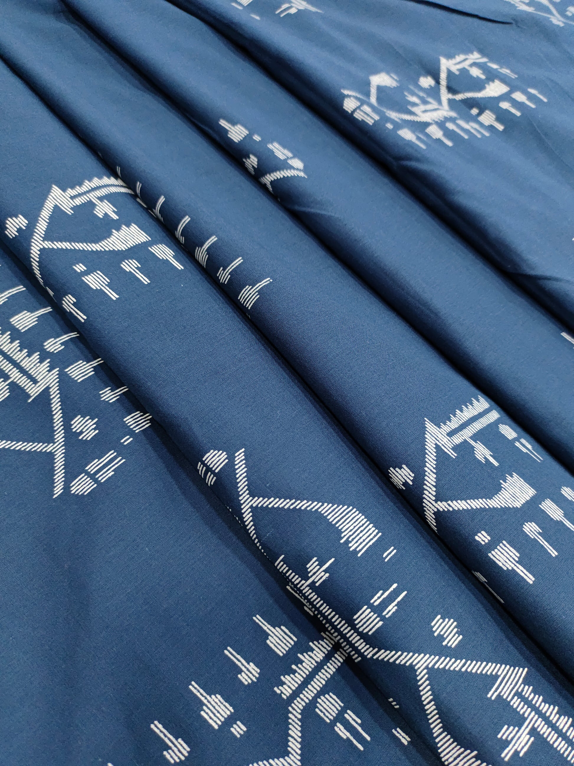 Navy blue cotton fabric with jamdani type print with white