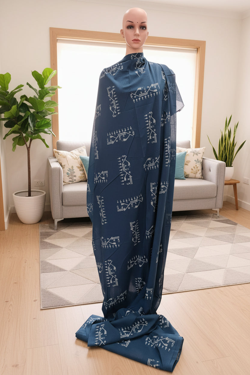 Navy blue cotton fabric with jamdani type print with white