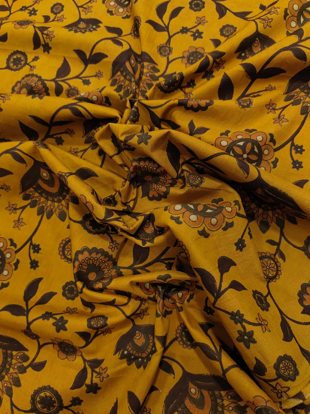 Mustard cotton bagh jaal print with coffee and rust colors.