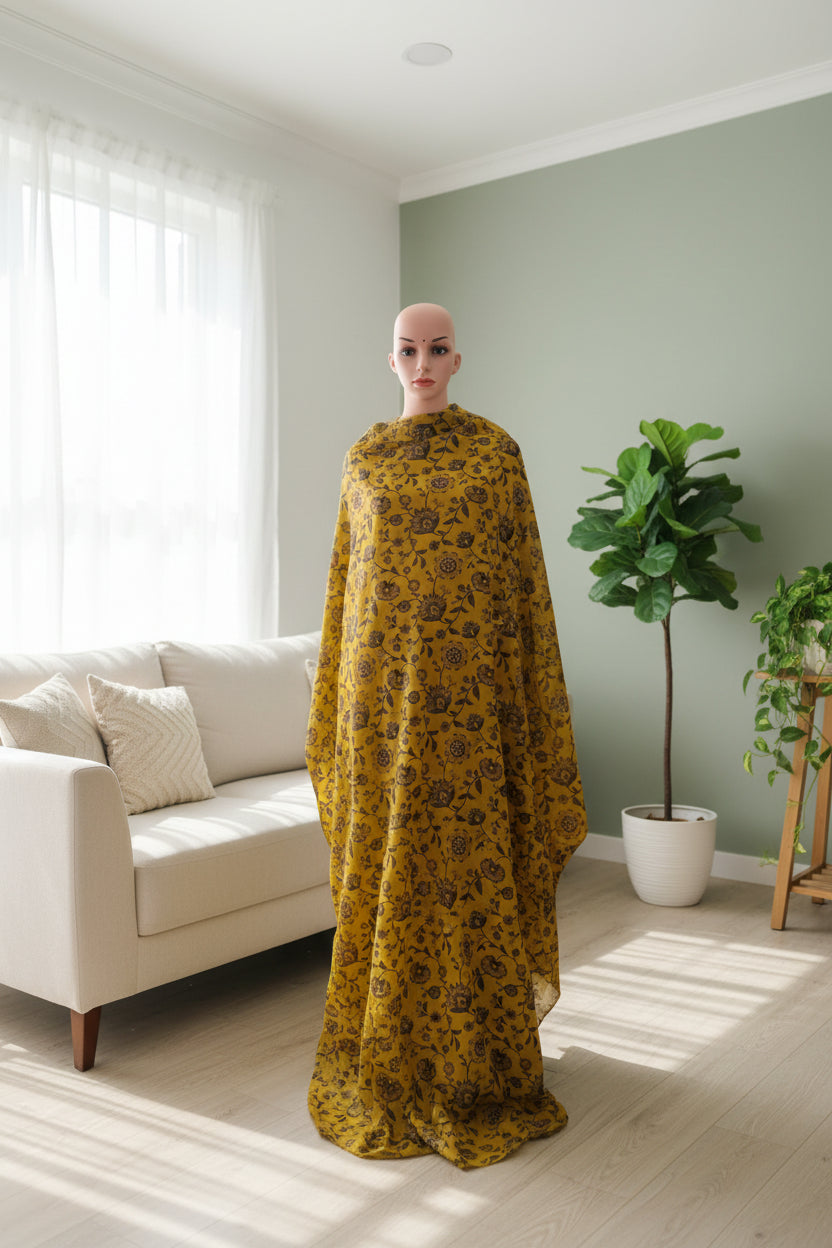 Mustard cotton bagh jaal print with coffee and rust colors.