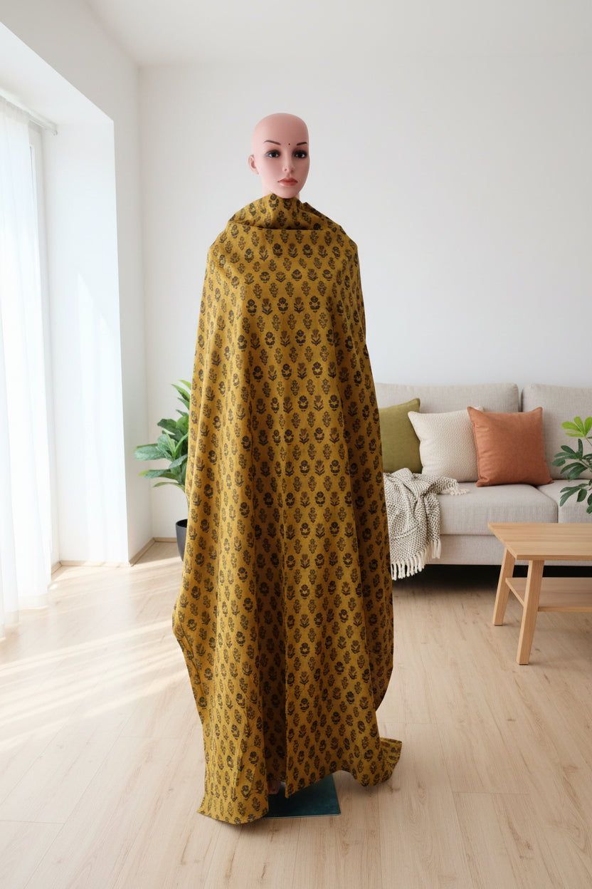 Cotton bagh print on mustard base with brown and green colors in 2 forms of butti.