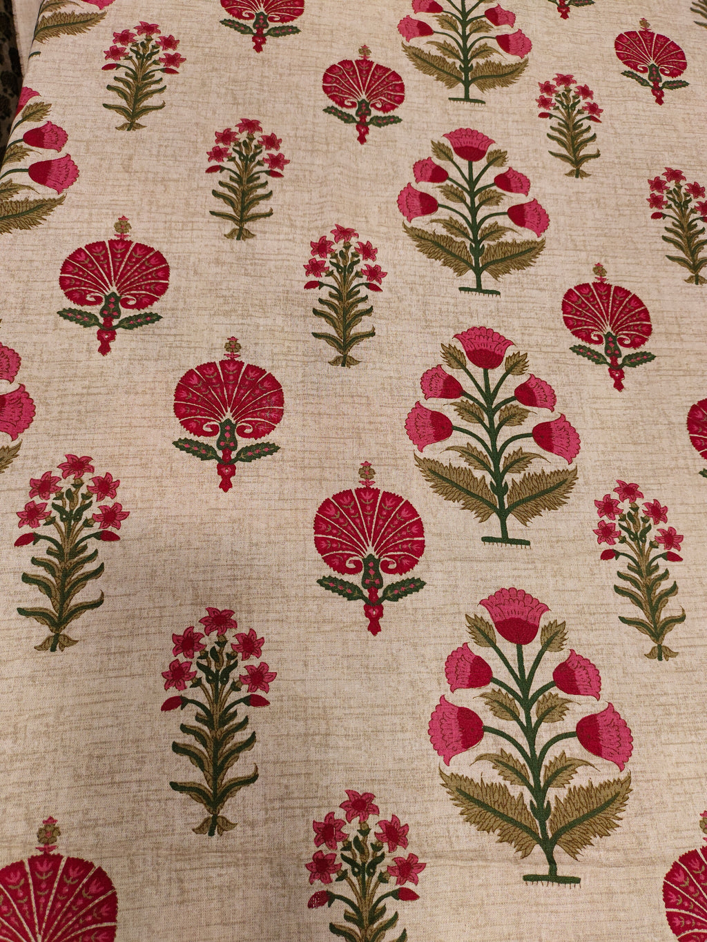 Beige cotton flex print with 2 shades of maroon and little gold.