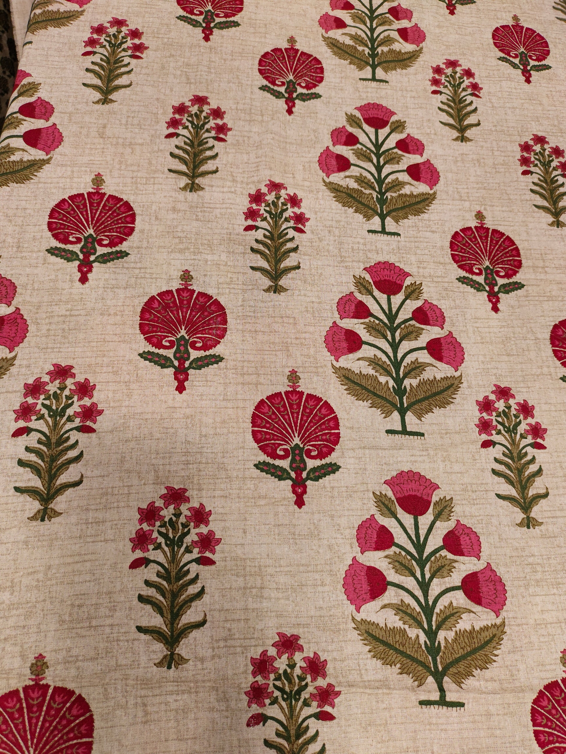 Beige cotton flex print with 2 shades of maroon and little gold.