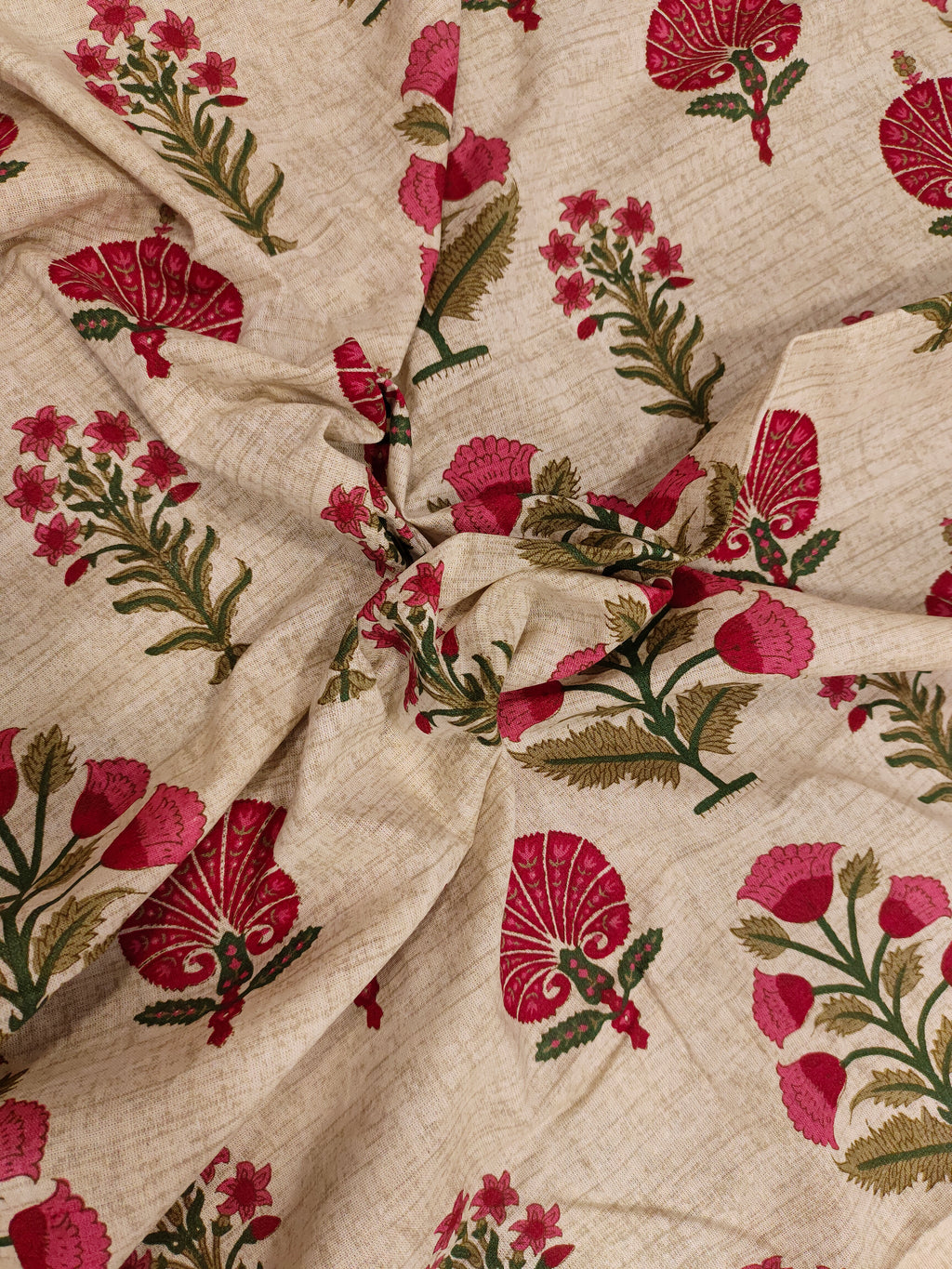 Beige cotton flex print with 2 shades of maroon and little gold.