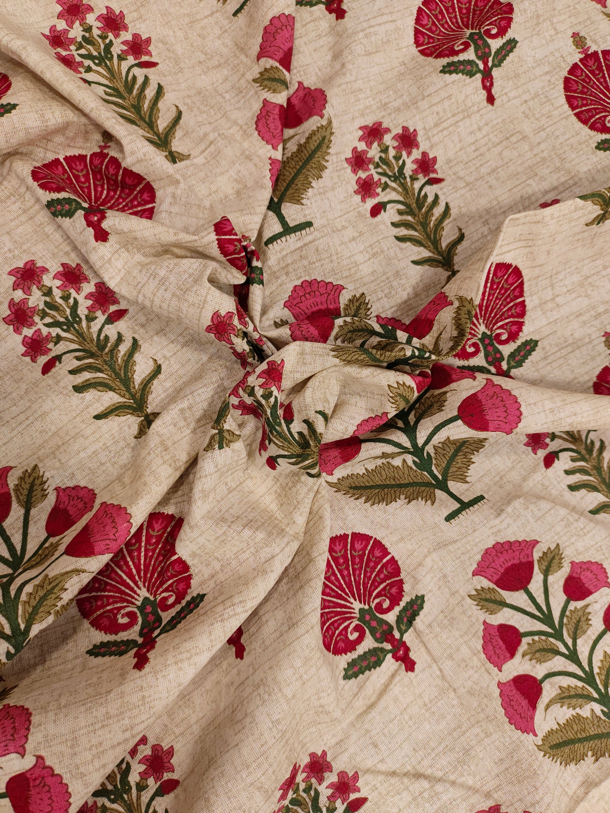Beige cotton flex print with 2 shades of maroon and little gold.