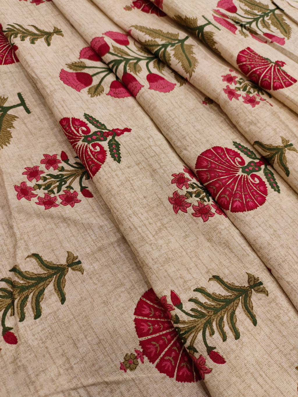 Beige cotton flex print with 2 shades of maroon and little gold.