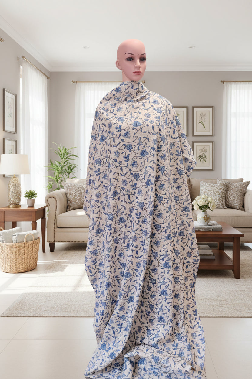 Cotton flex print on beige fabric with blue color jaal print.