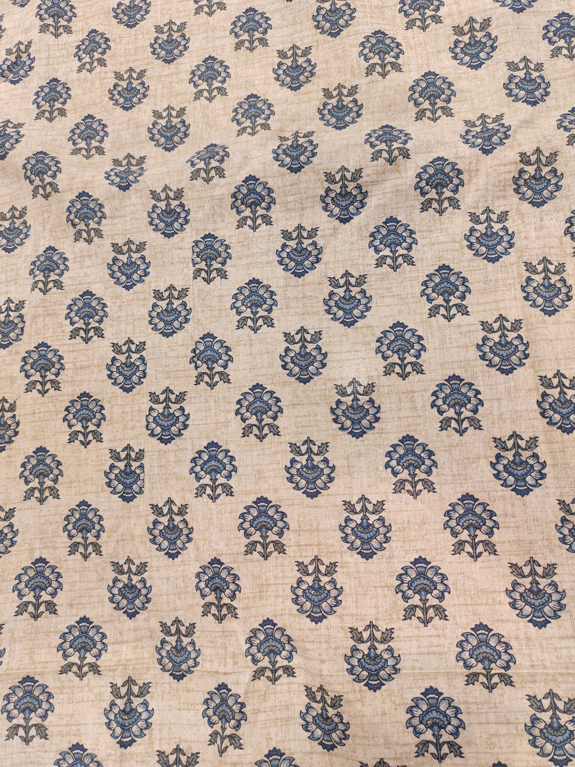 Beige flex cotton fabric with blue pointed flowers.