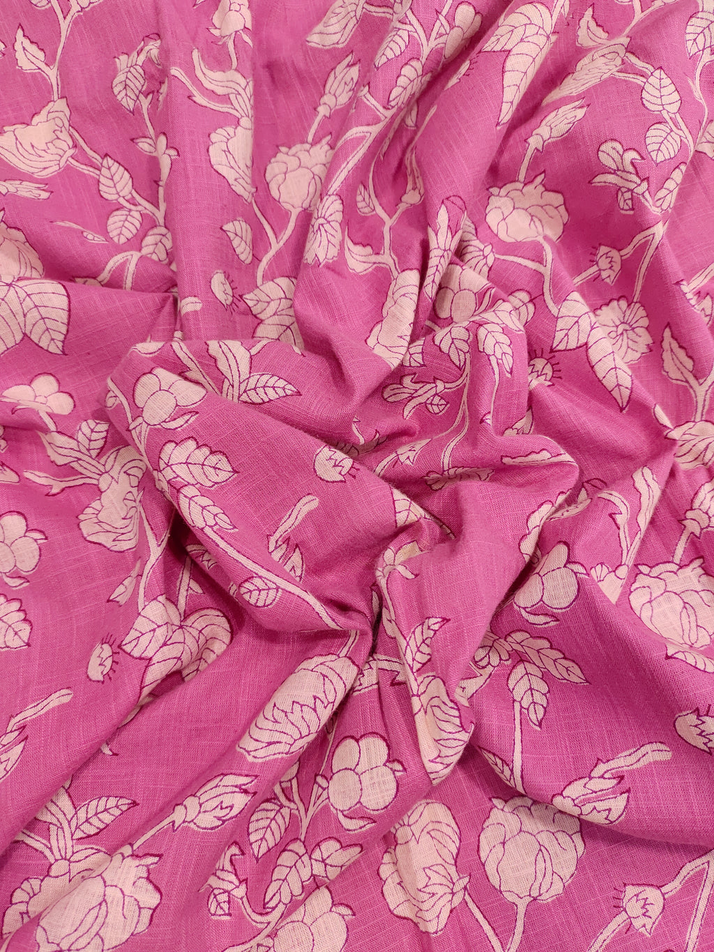 Printed pink fabric on cotton slub with offwhite.