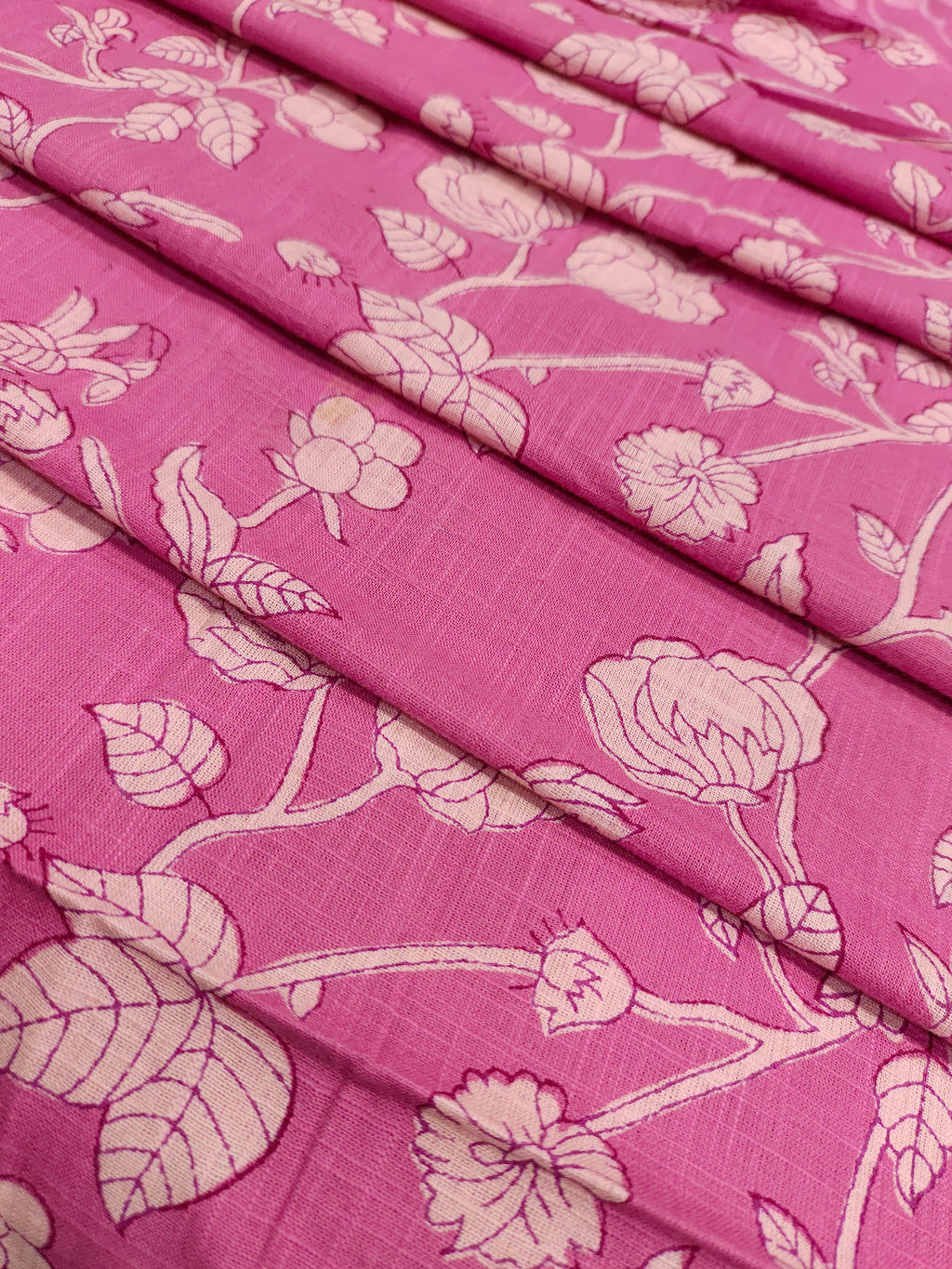 Printed pink fabric on cotton slub with offwhite.
