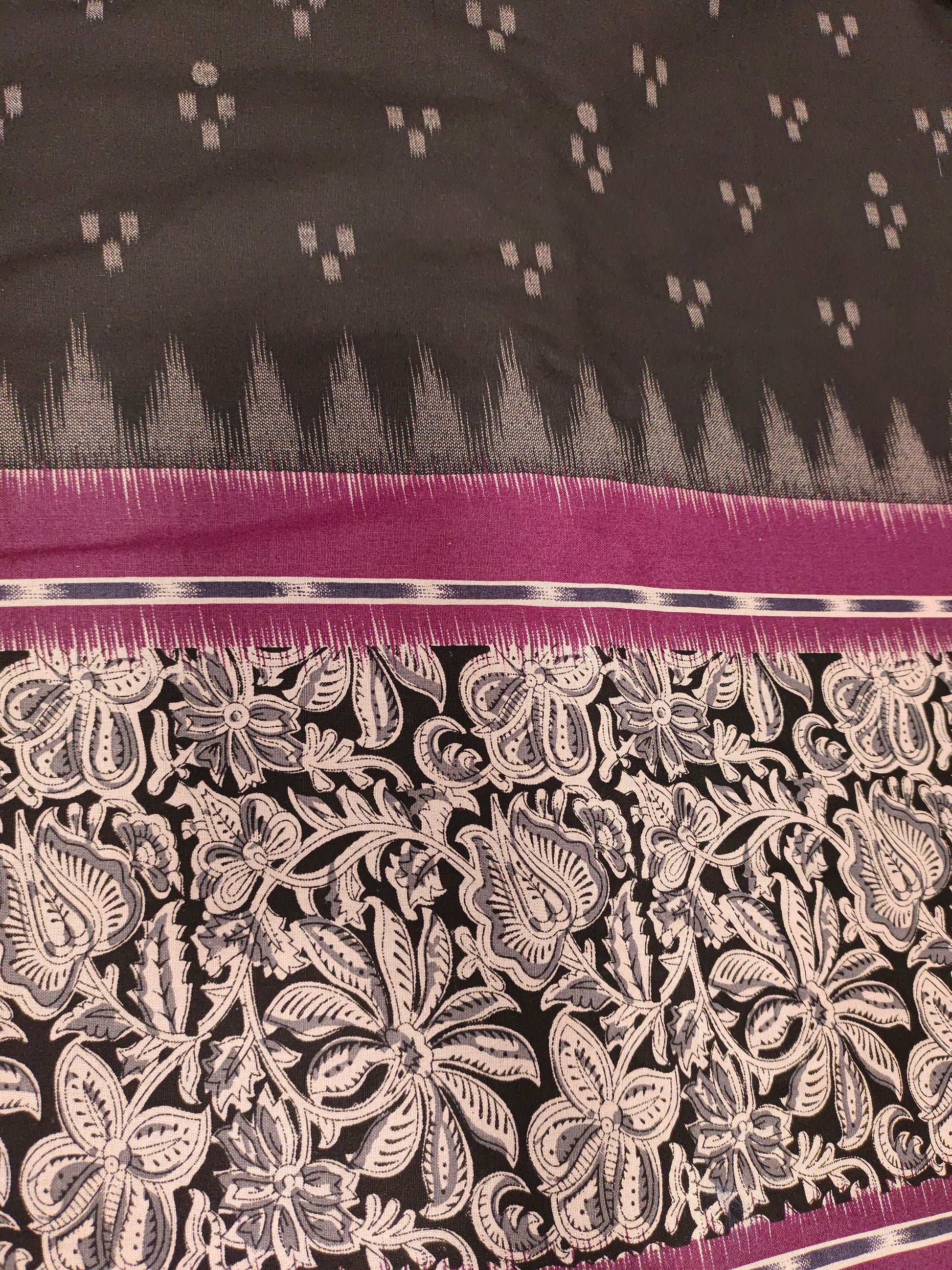 Black cotton daman print in wine color.