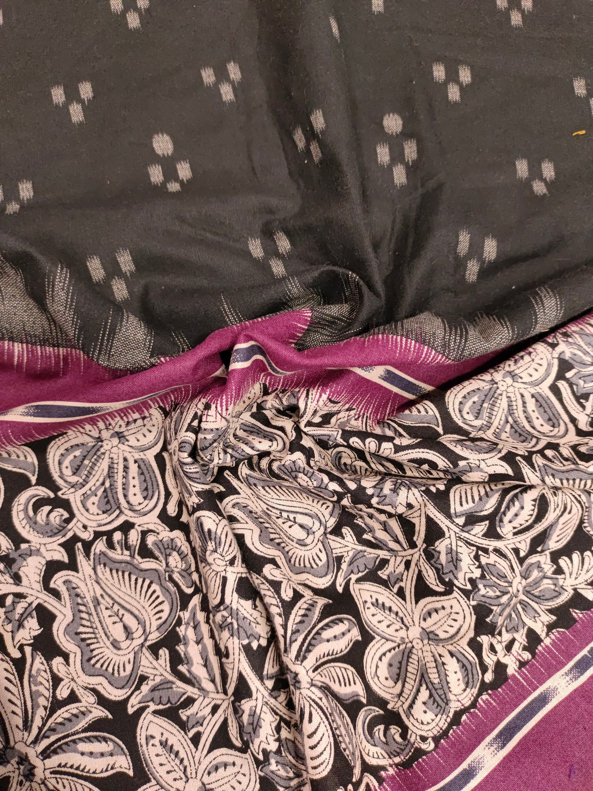 Black cotton daman print in wine color.