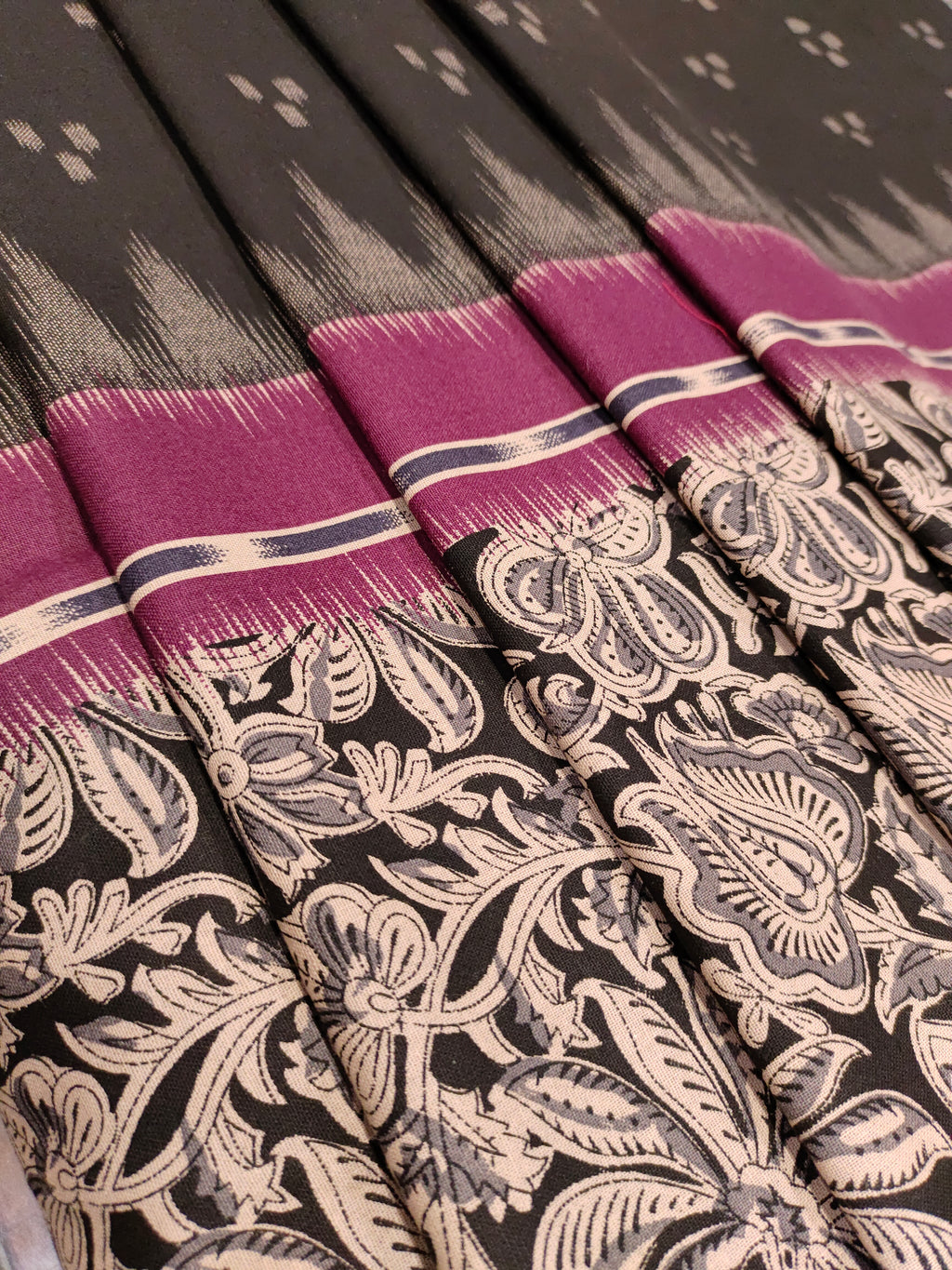 Black cotton daman print in wine color.