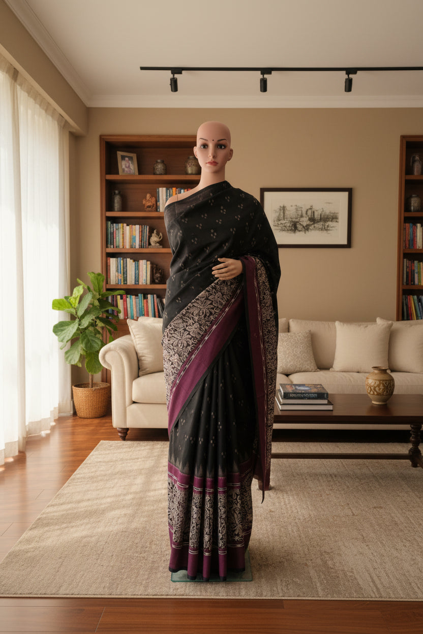 Black cotton daman print in wine color.
