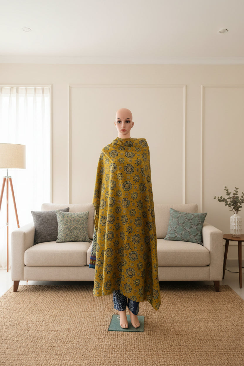 Mustard base cotton screen print with green black and off white traditional motifs.