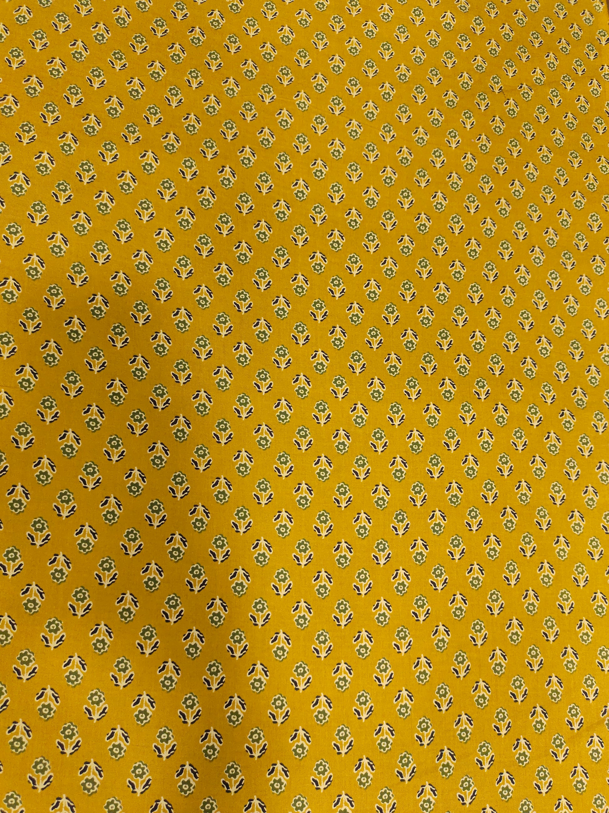 Mehendi color jaipur cotton screen print fabric small butti with green black and cream
