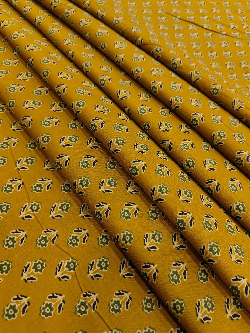 Mehendi color jaipur cotton screen print fabric small butti with green black and cream