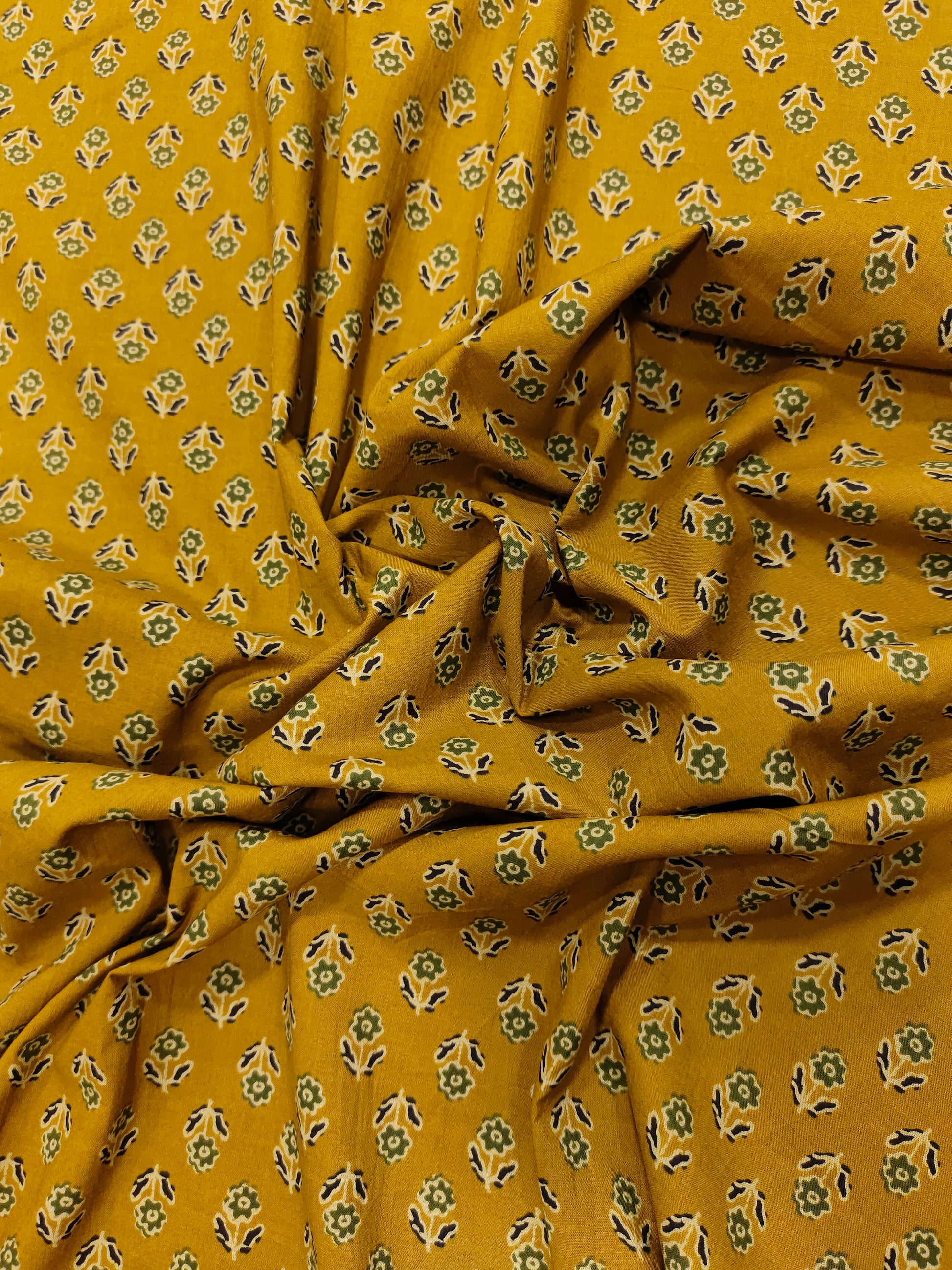 Mehendi color jaipur cotton screen print fabric small butti with green black and cream