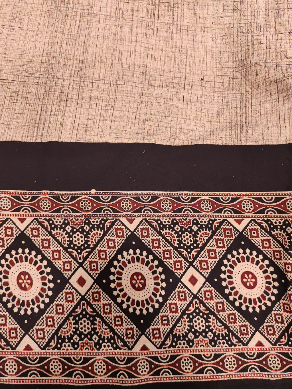 Beige Jaipur cotton daman fabric with ajrak print with maroon and black.