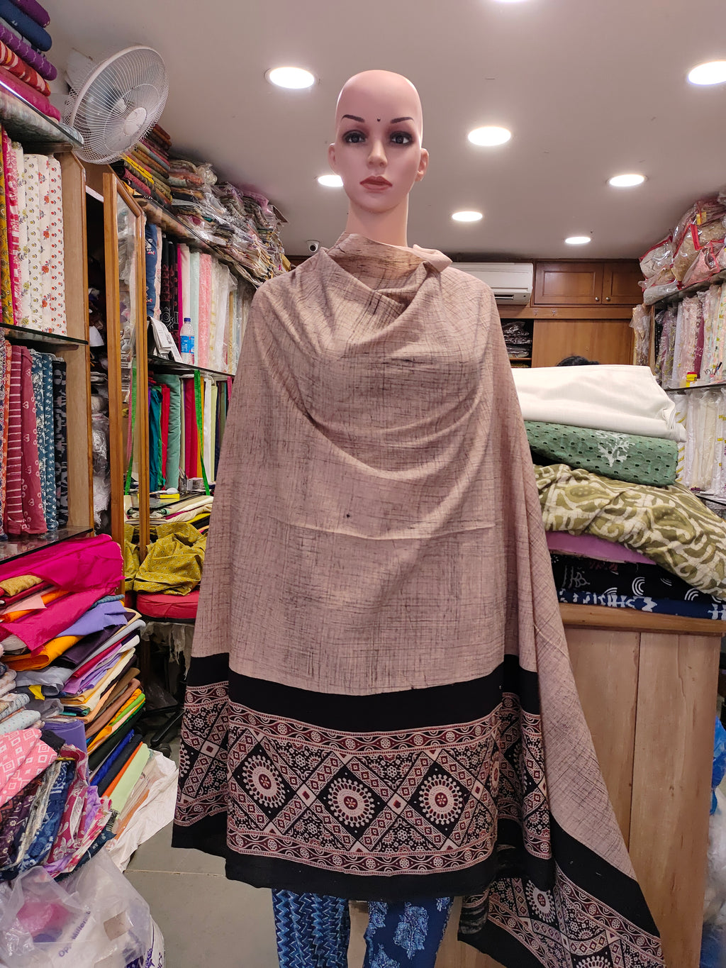 Beige Jaipur cotton daman fabric with ajrak print with maroon and black.