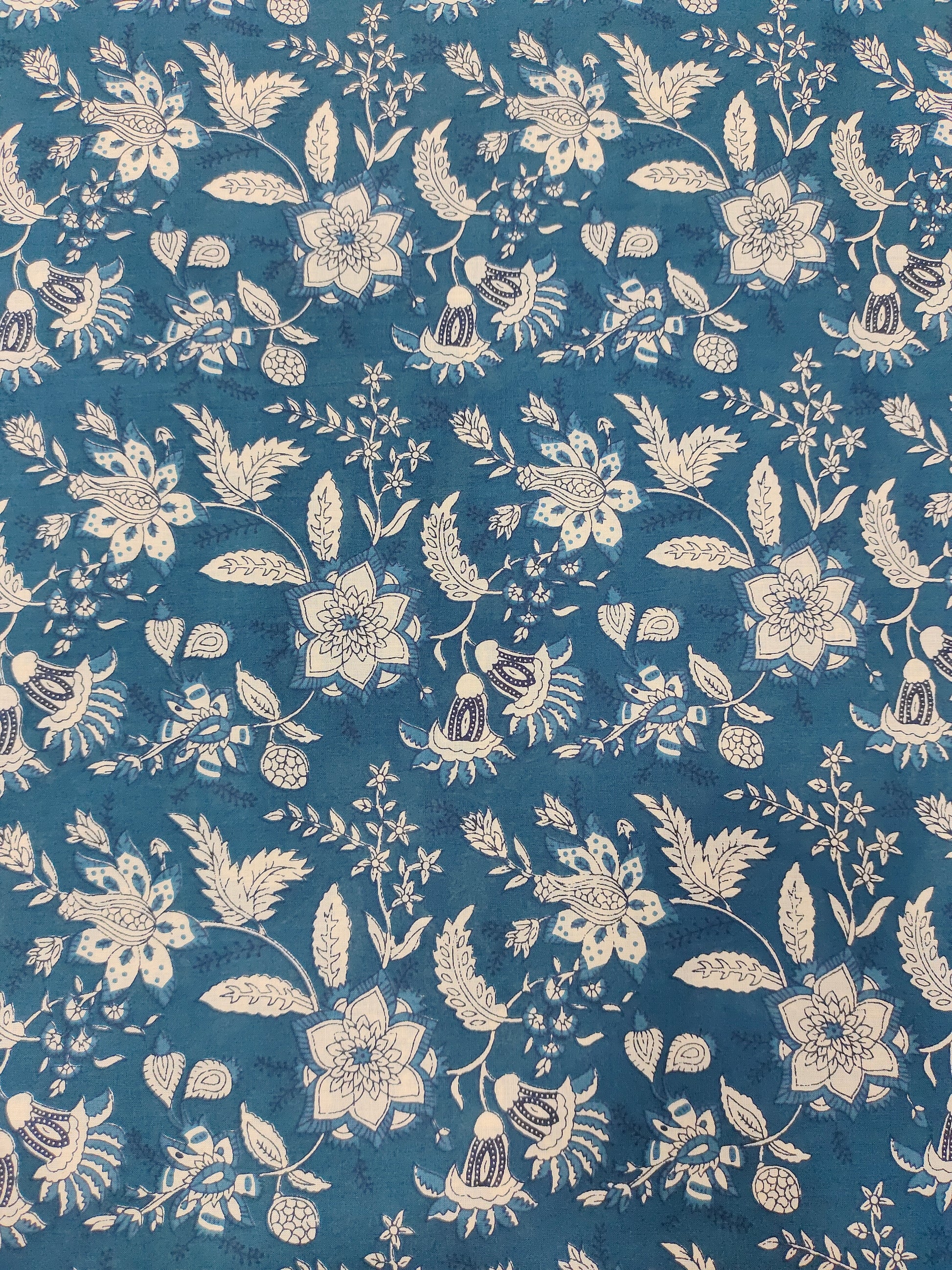 Cotton jaal print blue fabric with cream floral jaal