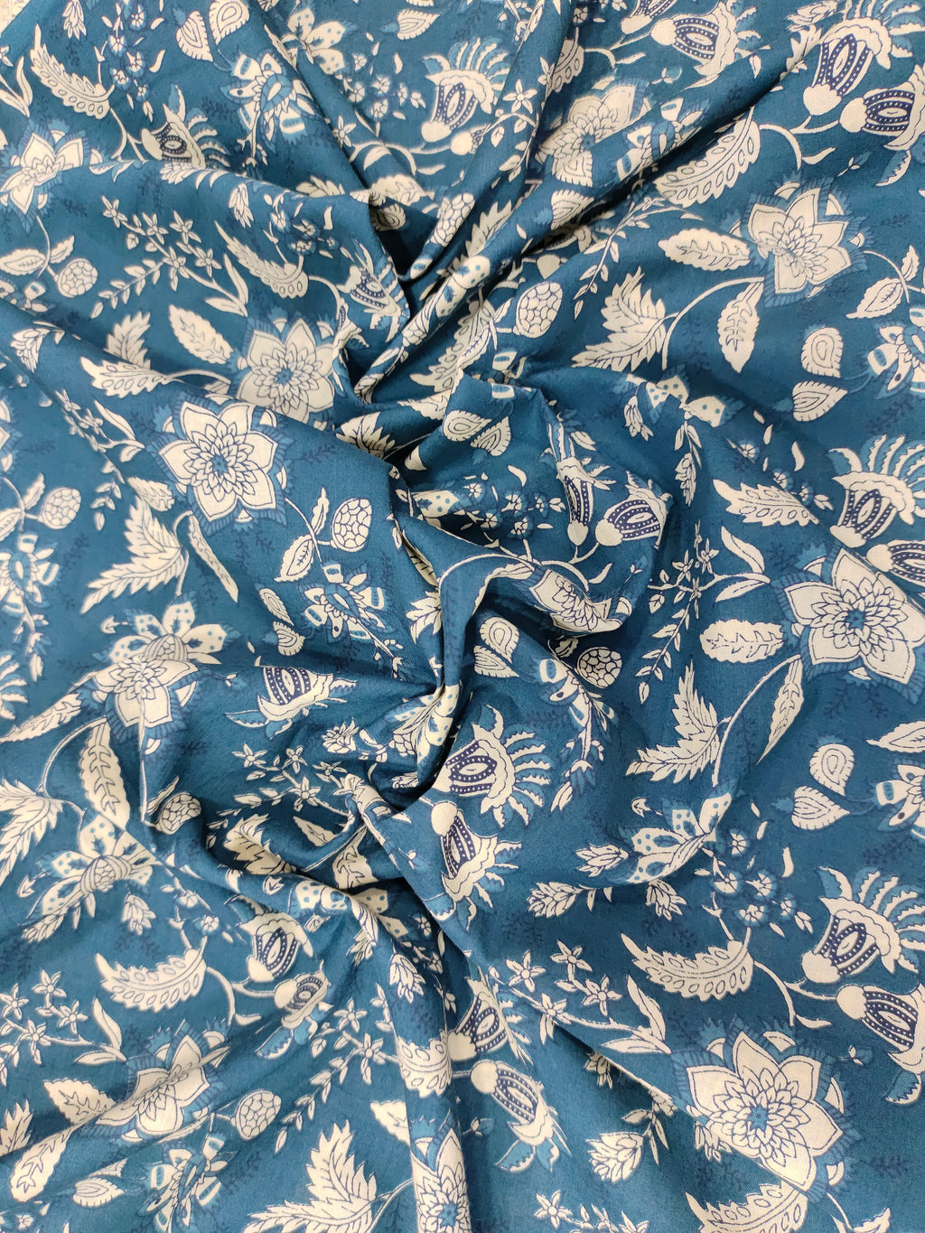Cotton jaal print blue fabric with cream floral jaal