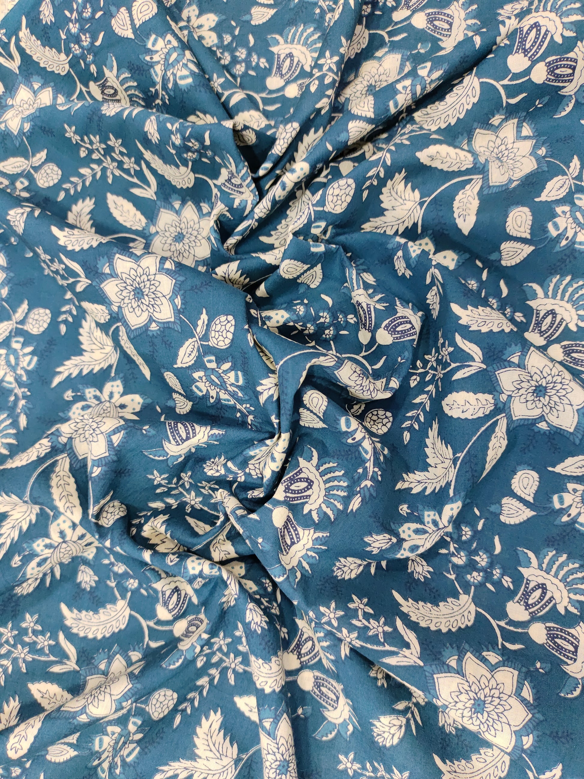 Cotton jaal print blue fabric with cream floral jaal
