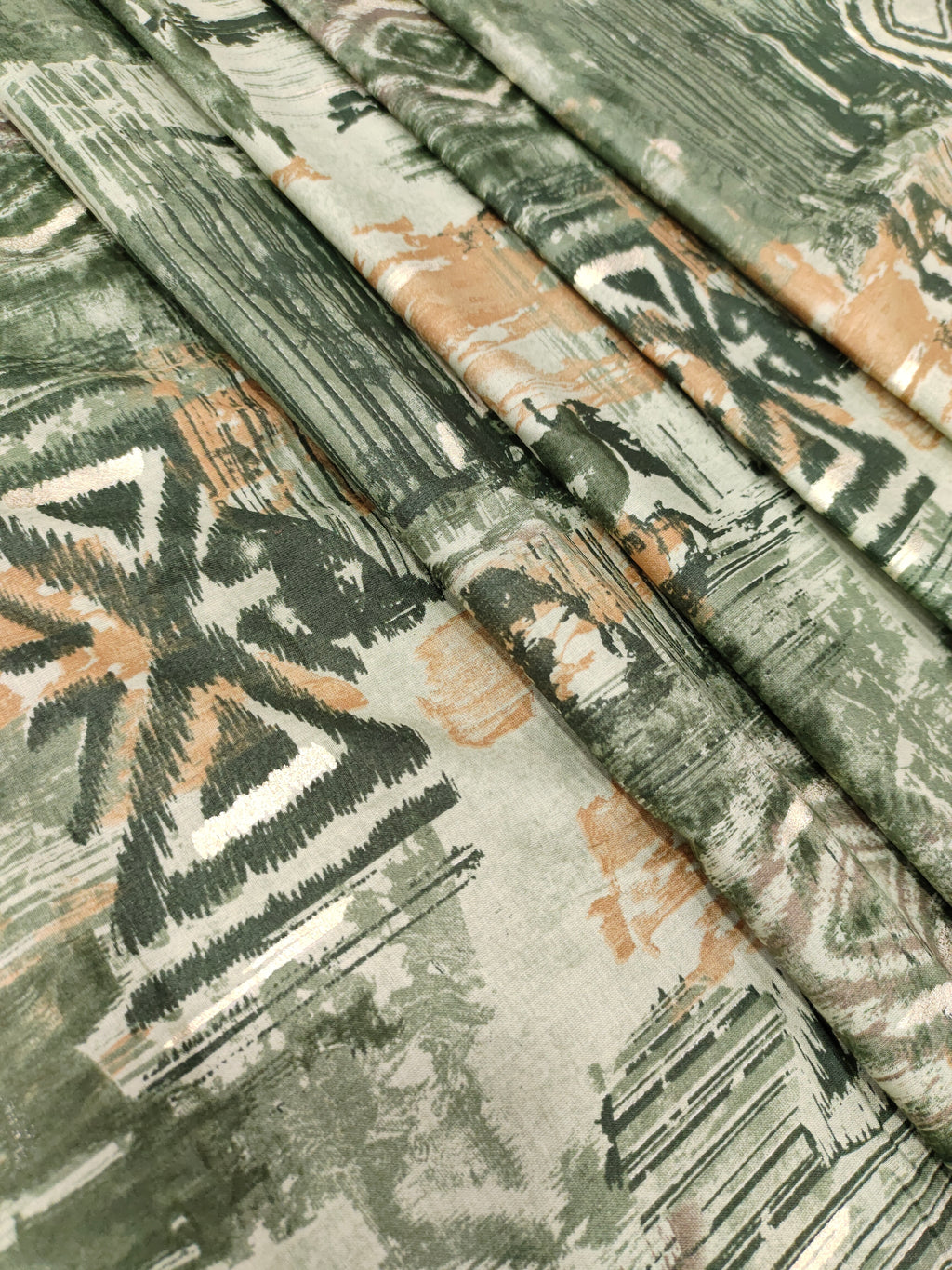 Green cotton digital print with gold foile.
