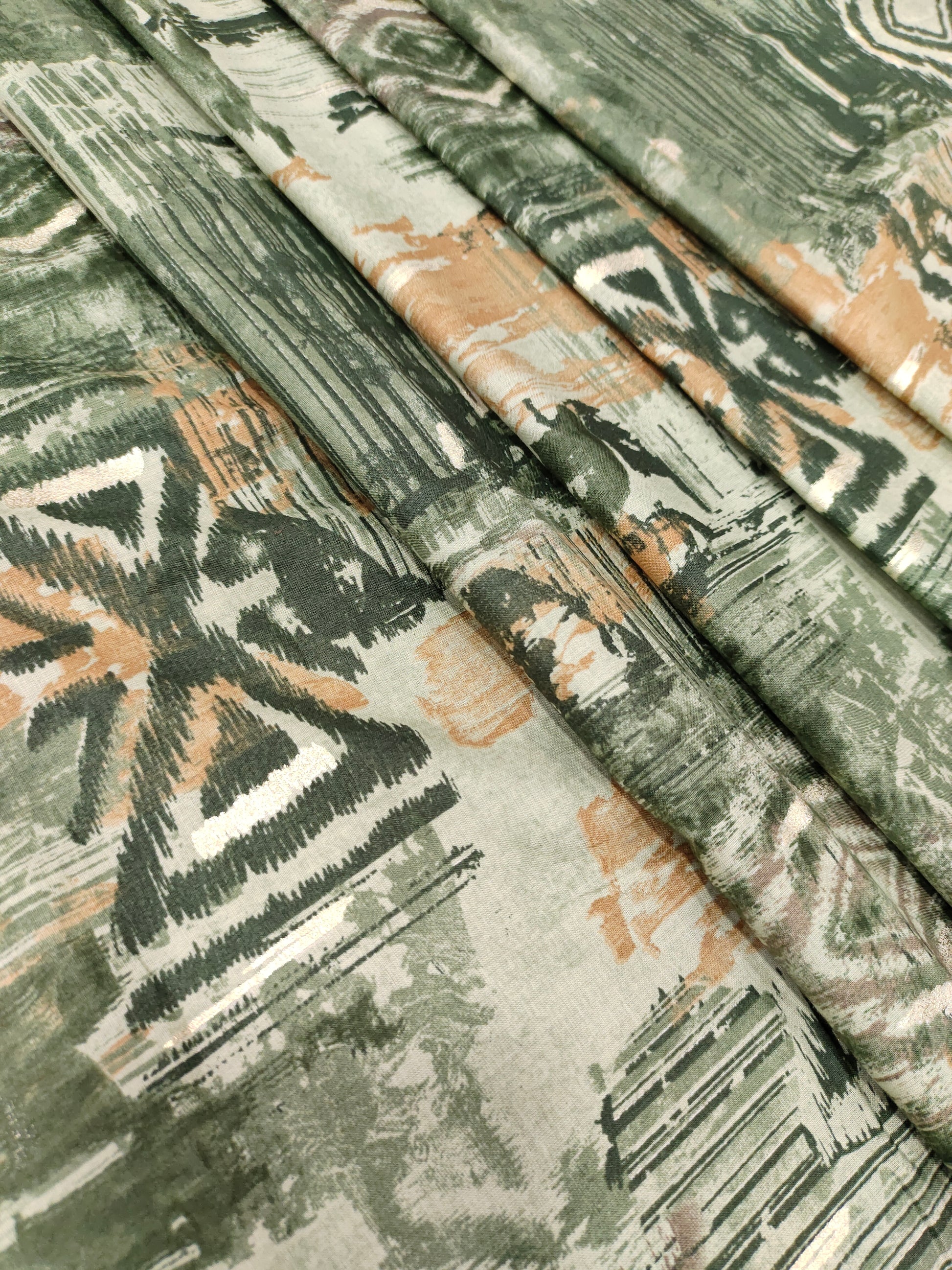 Green cotton digital print with gold foile.